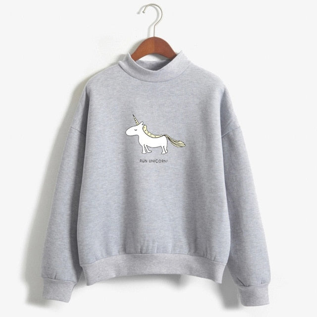 Kawaii Unicorn Print Fleece Turtleneck Hoodie