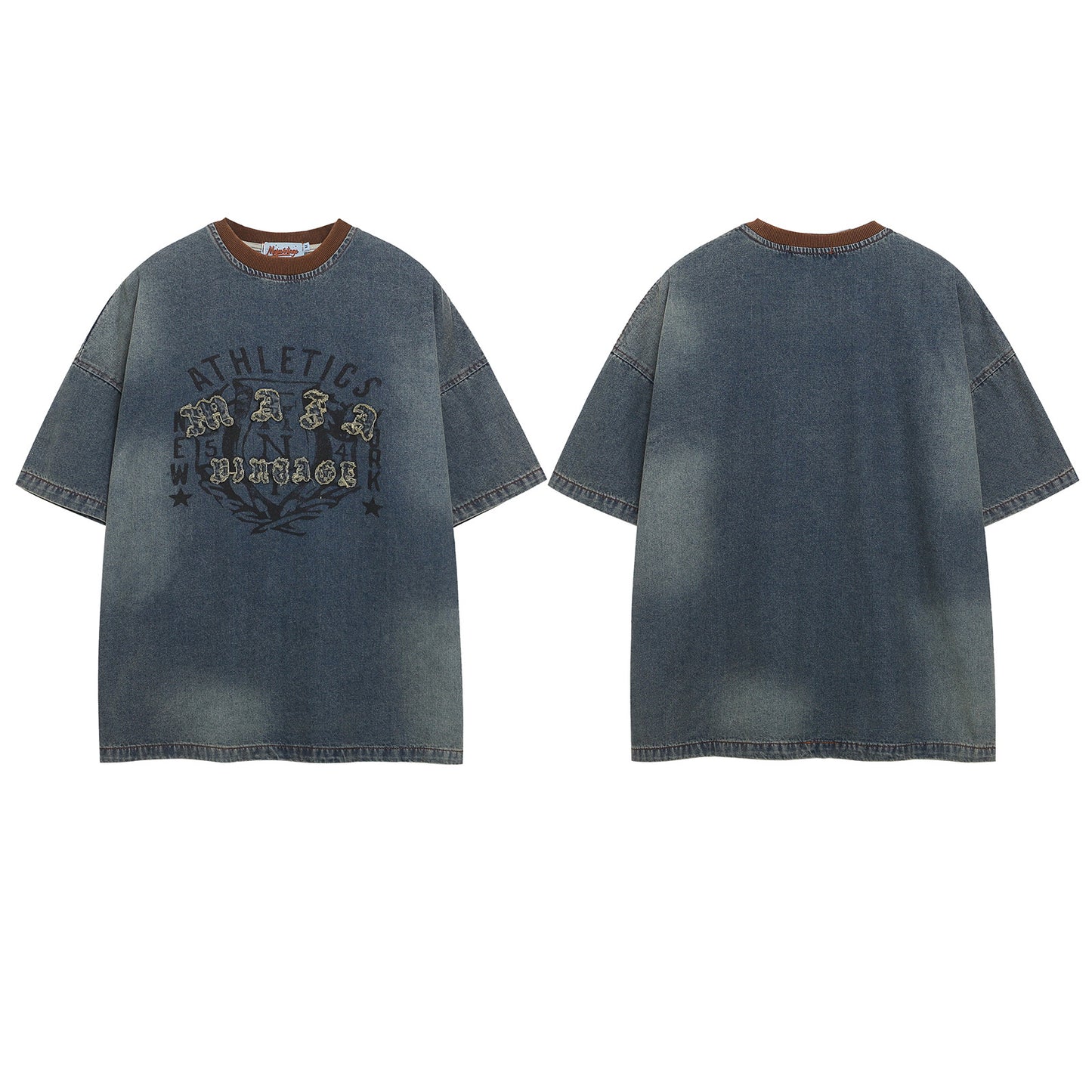 Color Block Washed Patch Embroidery Denim T-Shirt