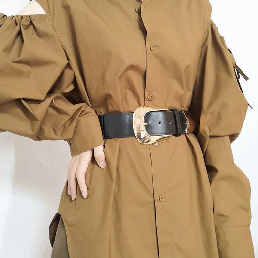 Harajuku Style Wide Elastic Waist Belt with Big Gold Buckle