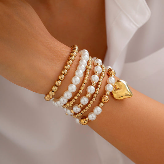 Harajuku-Inspired Pearl Bead & Heart Bracelet Set