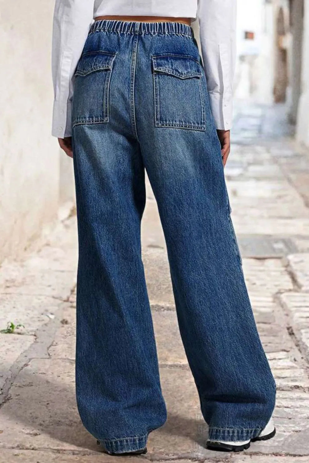 Playful Drawstring Waist Wide Leg Shirred Jeans