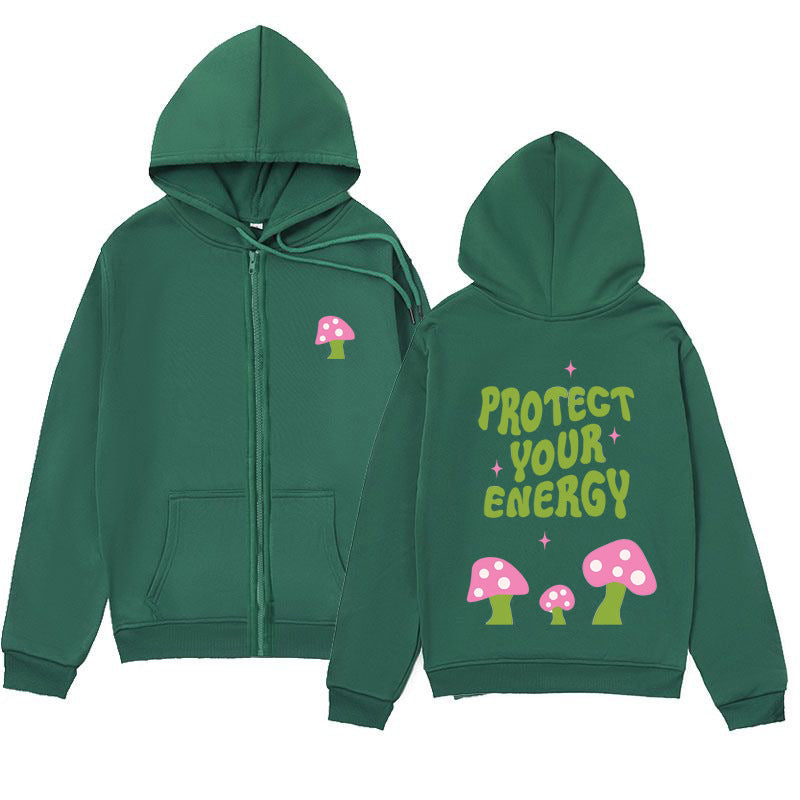 "Protect Your Energy" Letter Mushroom Print Zipper Hoodie