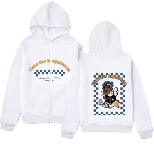 Playful Melancholic Child Print Zip-Up Hoodie