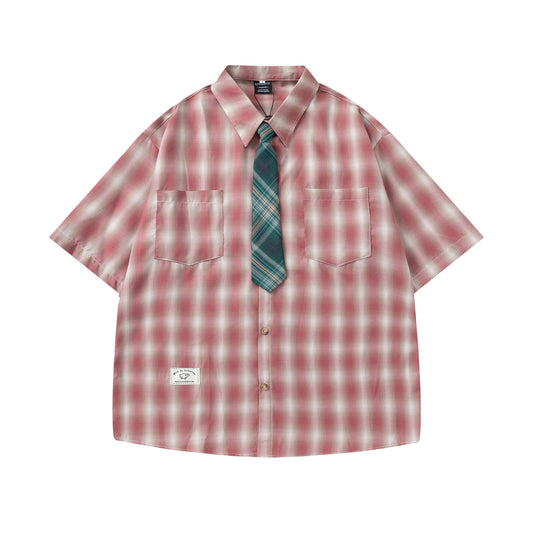 Retro Plaid Collar Tie Short Sleeve Shirt