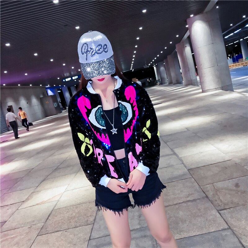 Harajuku Style Sequined Bomber Jacket - Multicolor Eye Design