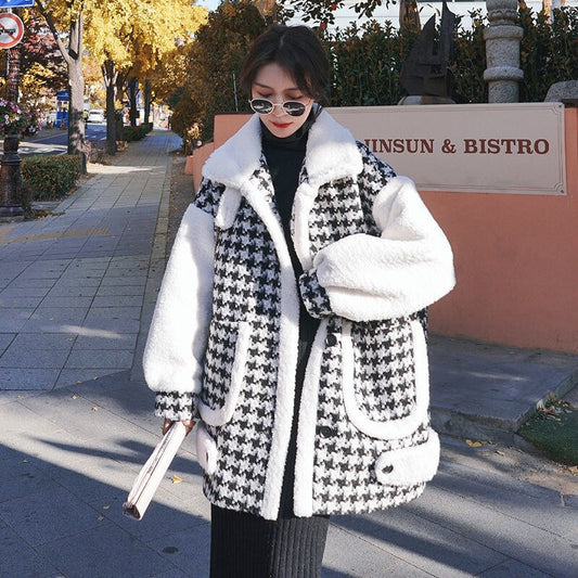 Harajuku Style Houndstooth Wool Coat for Women