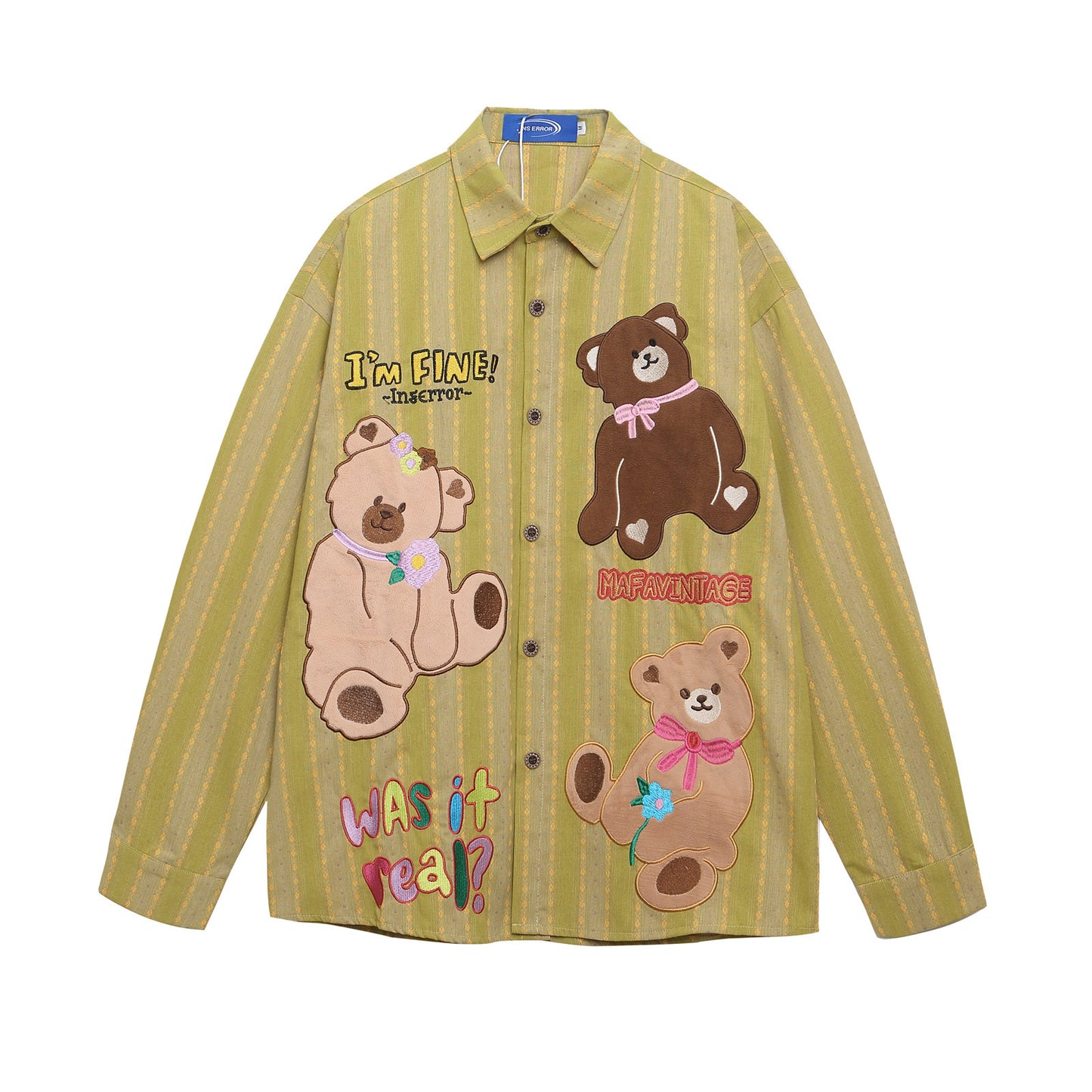 Retro Fun Cute Bear Embroidery Striped Loose Casual Long Sleeve Shirt Top for Men and Women