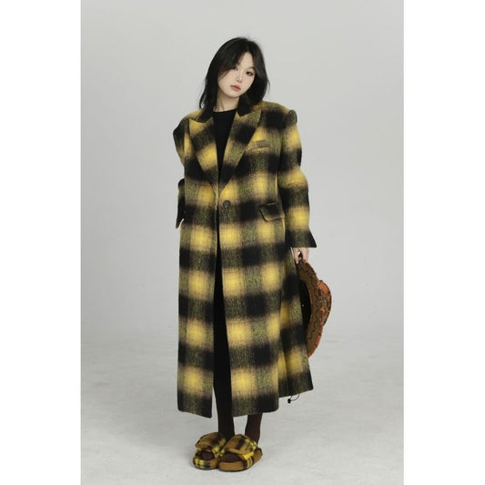 Chic Yellow Plaid Woolen Coat - Harajuku Style