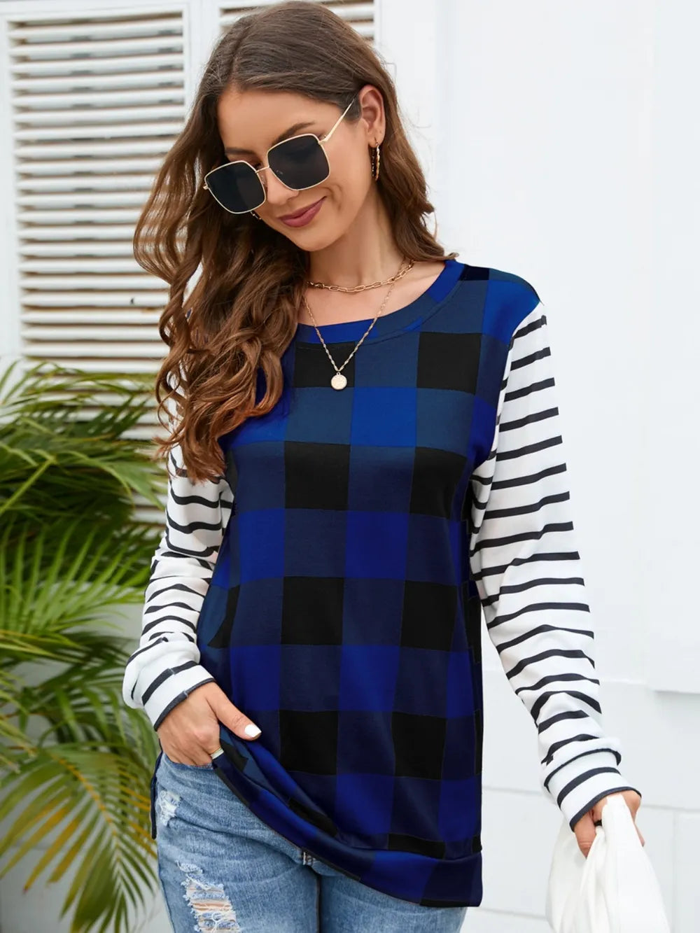 Harajuku Style Plaid Striped Round Neck Long Sleeve T-Shirt