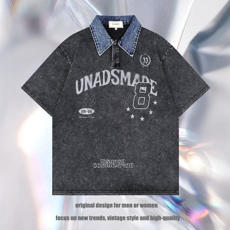 Harajuku Style Color Block Polo Shirt with Letter Print