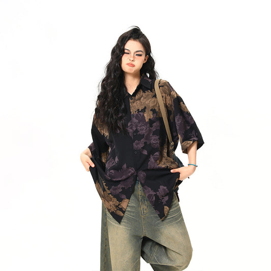 Retro Floral Short Sleeved Shirt for Women