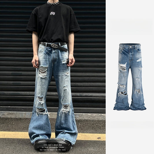 Vintage Washed Distressed Micro Flared Jeans