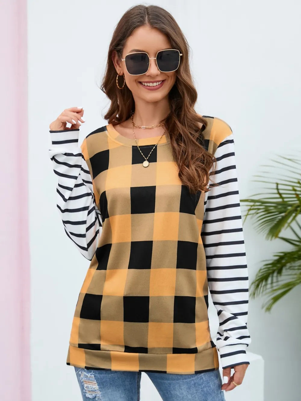 Harajuku Style Plaid Striped Round Neck Long Sleeve T-Shirt