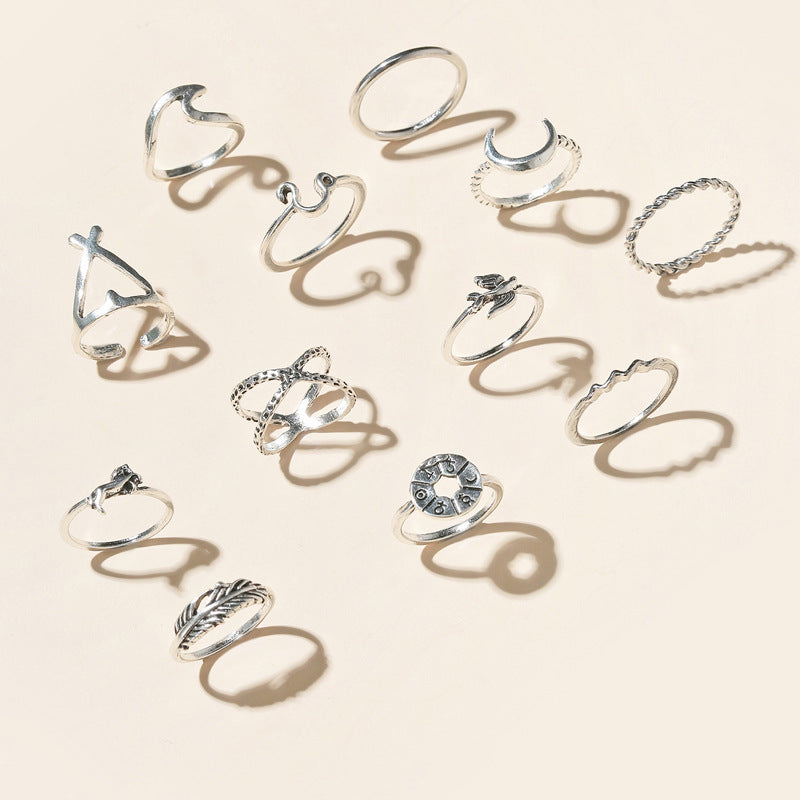Vintage Moon Feather Geometric Ring Set - 12 Piece