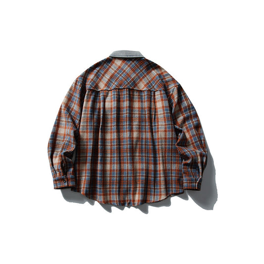 Color Blocked Denim & Plaid Shirt - Harajuku Style