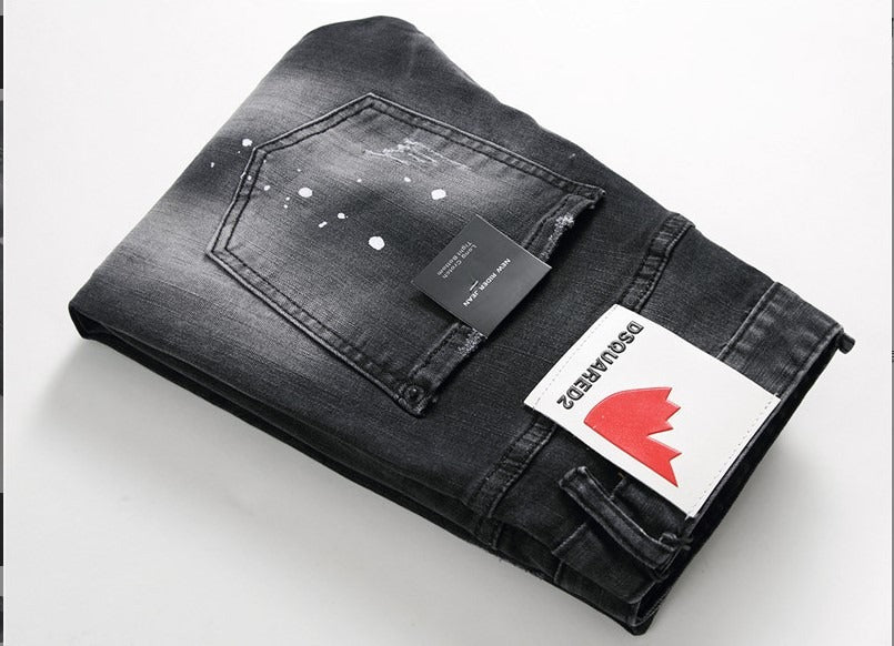 Harajuku Style Black & Gray Distressed Zipper Jeans for Men