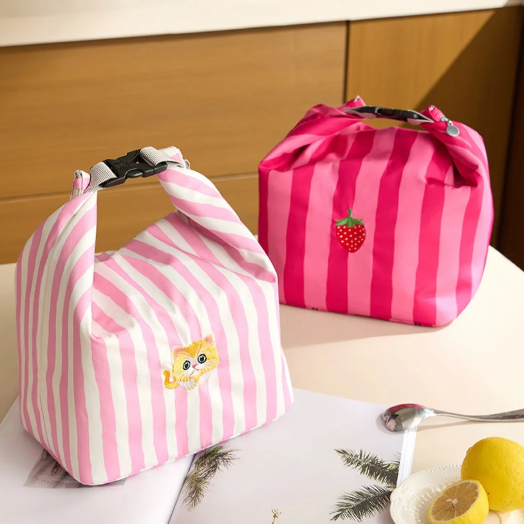 Pink Striped Strawberry Cat Insulated Lunch Bag