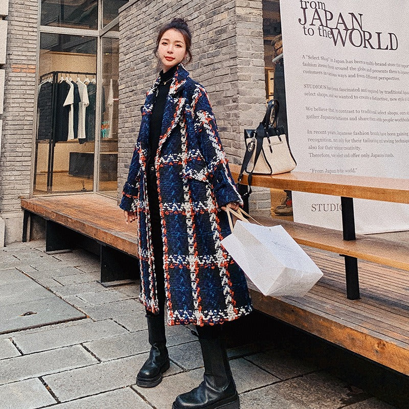 Mid-Length Plaid Woolen Overcoat for Women