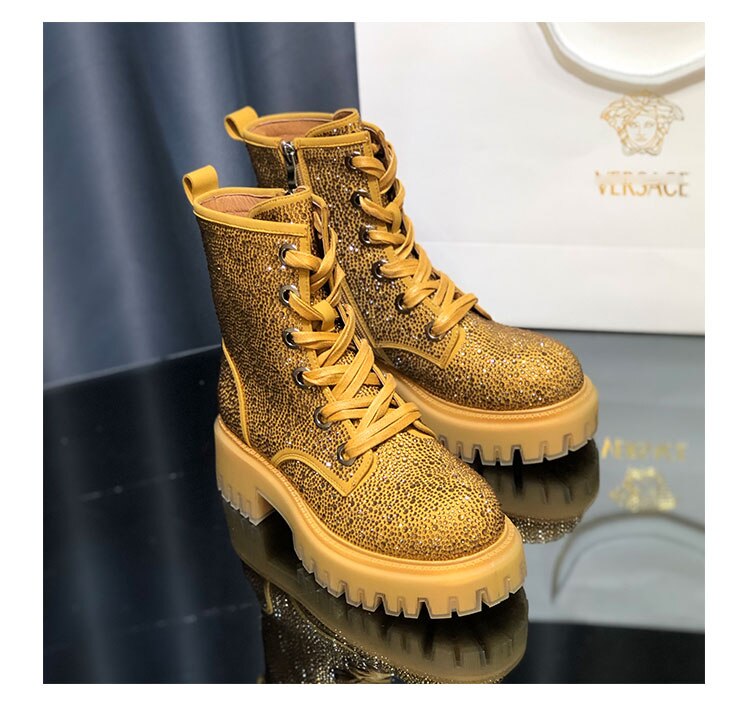 Gold Harajuku Style Rhinestone Boots - Thick Bottom Design