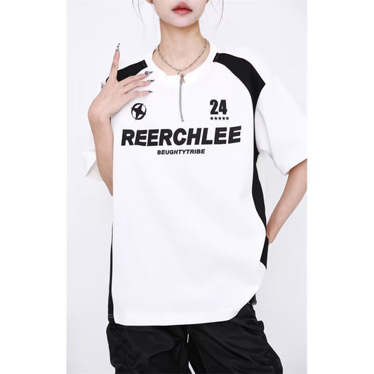 Black and White Spliced Letter Half-Zipper Motorcycle Shirt