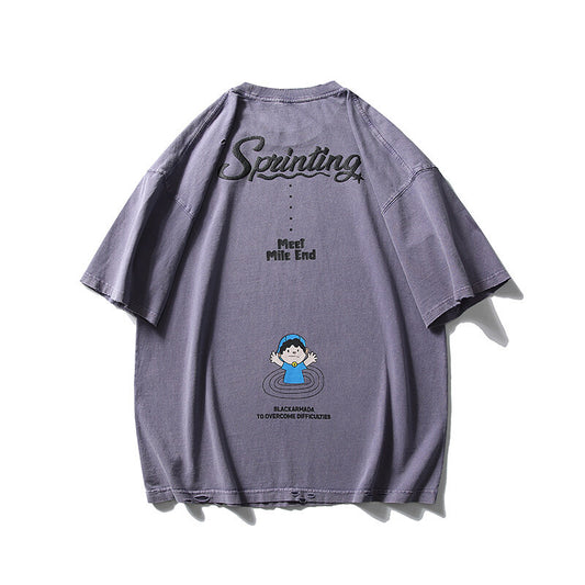 Playful Pattern Embroidered Water Washed Short Sleeve Tee