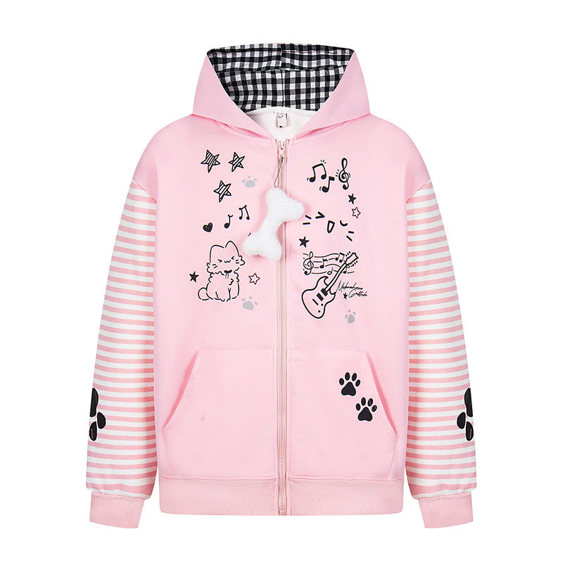 Print Hooded Zip-Up Sweatshirt Striped Patchwork Loose Outerwear Jacket