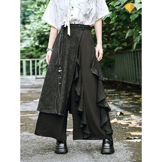 Black Slimming Splicing Double-Layer Wide Leg Suit Skirt for Women