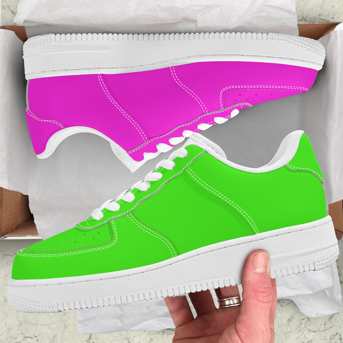 Two Tone Pink and Green Harajuku Low Top Unisex Sneaker - One Green Shoe and One Pink Shoe