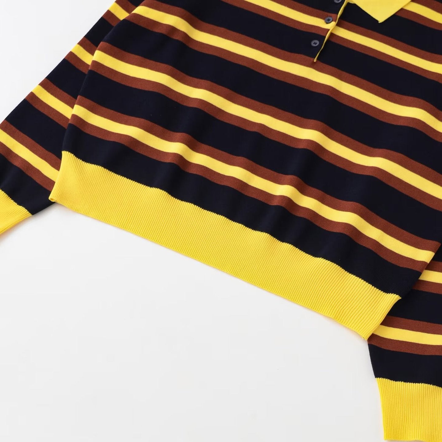 Solid Color Yellow Striped Long Sleeve Polo Neck Knit Sweater