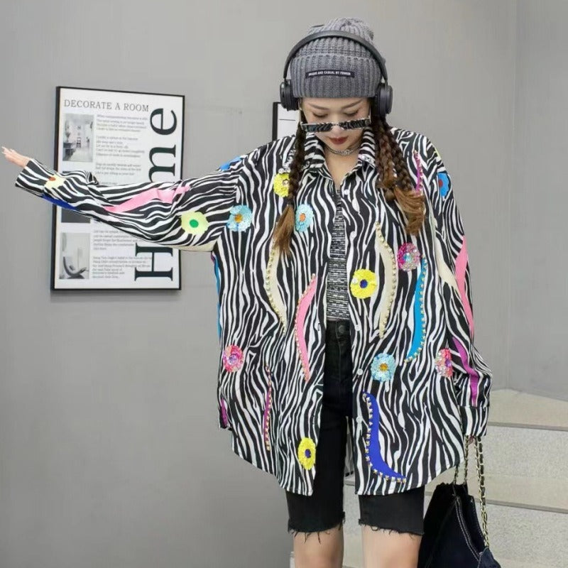 Playful Leopard Print Long-Sleeved Denim Shirt