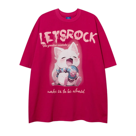 Retro Cartoon Cat Print Tee - Harajuku Style