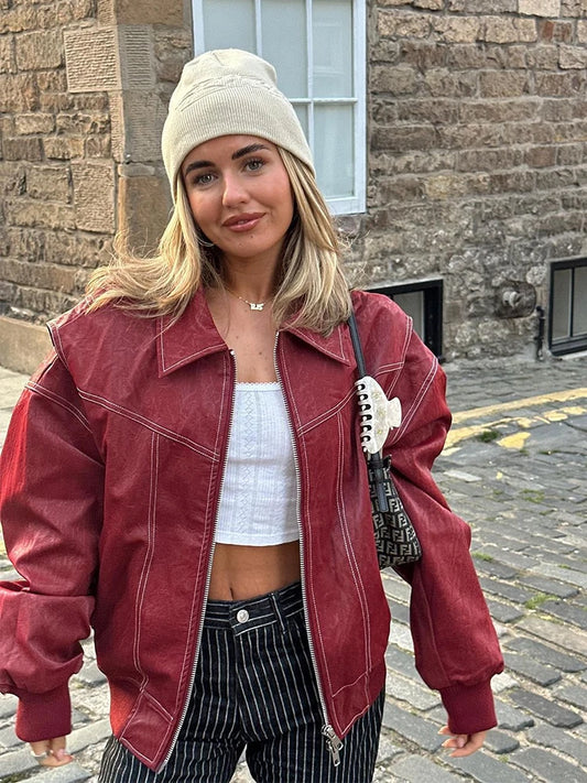 Faux Leather Oversized Bomber Jacket for Women