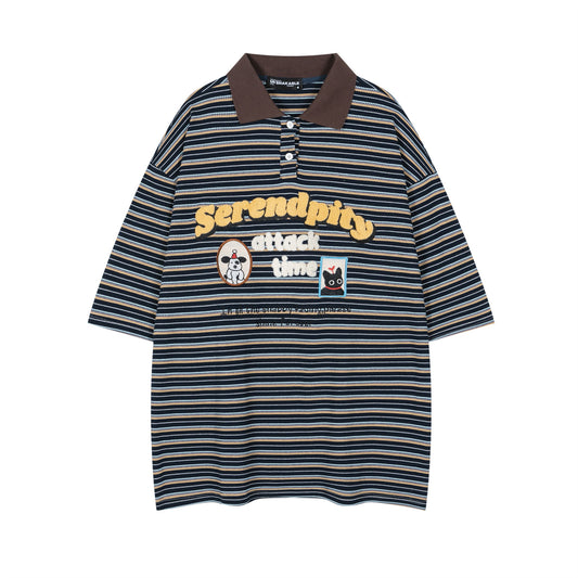 Retro Stripe Heavy Embroidery Casual T-Shirt
