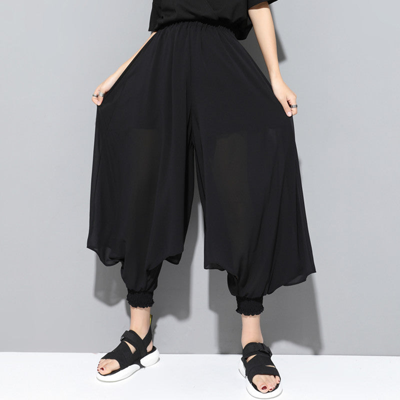 Harajuku Style Women's Black Elastic Waist Chiffon Harem Pants