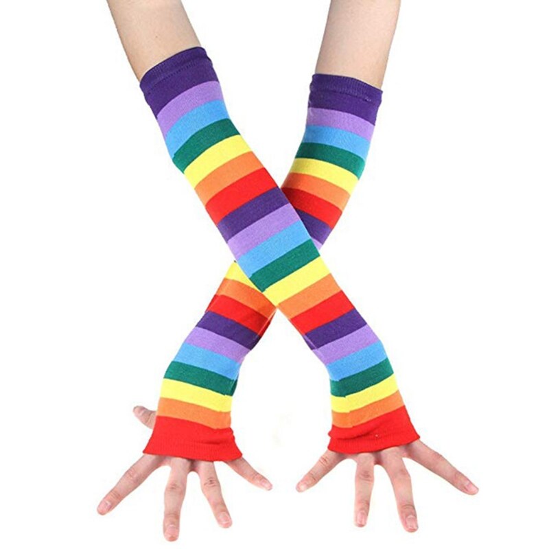 Harajuku Rainbow Striped Thigh High Socks & Fingerless Gloves Set