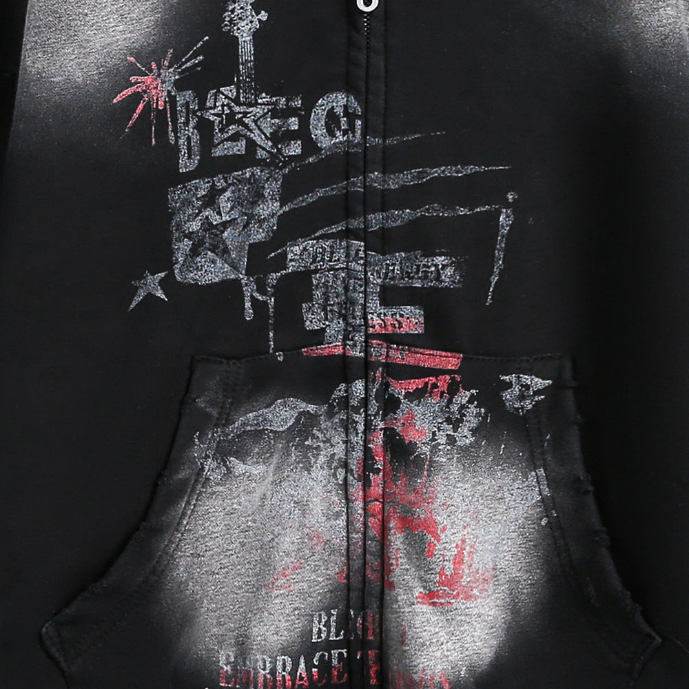 Dark Fuzzy Print Hoodie - Retro Punk Street Style
