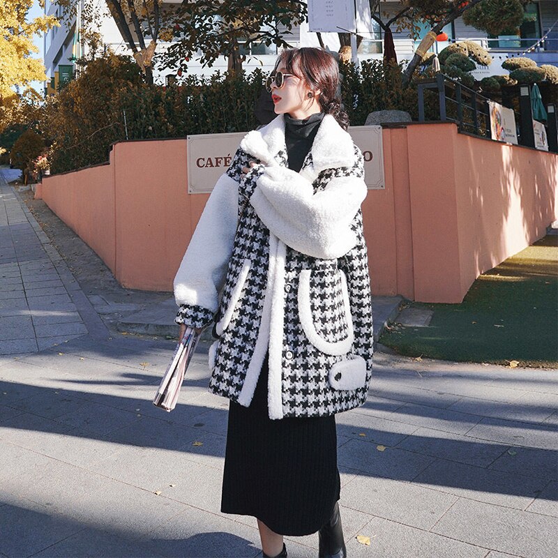 Harajuku Style Houndstooth Wool Coat for Women