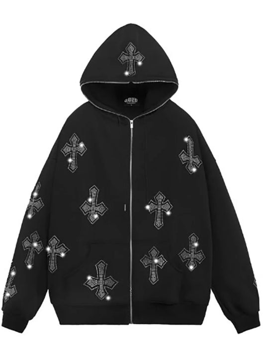 Men's Gothic Rhinestone Pocketed Hoodie
