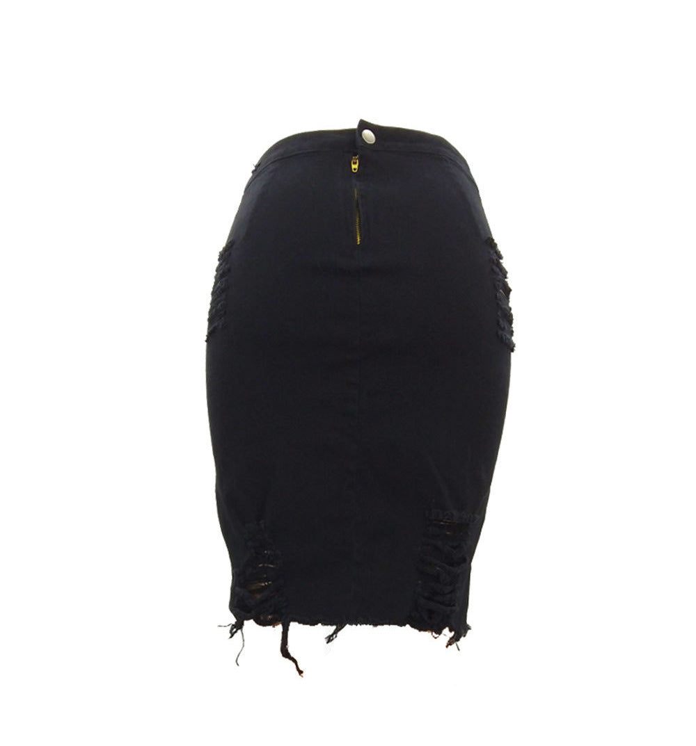 Harajuku Style Perforated Hip Hugging Denim Skirt