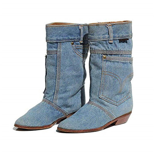 Playful Low Heel Denim Cowboy Boots for Women