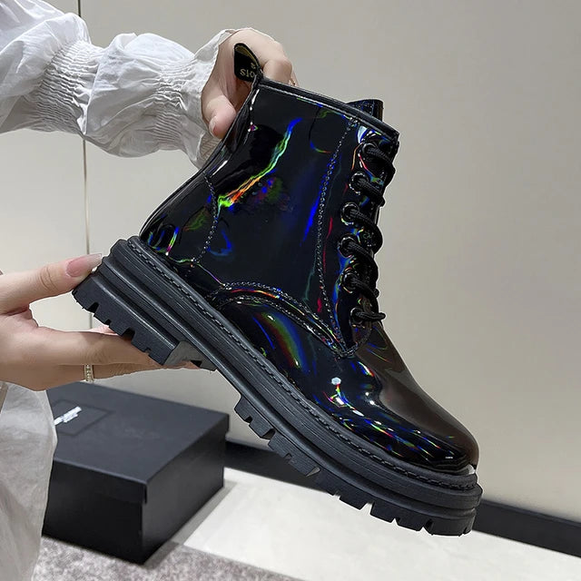 Harajuku Style Reflective Color Leather Ankle Boots