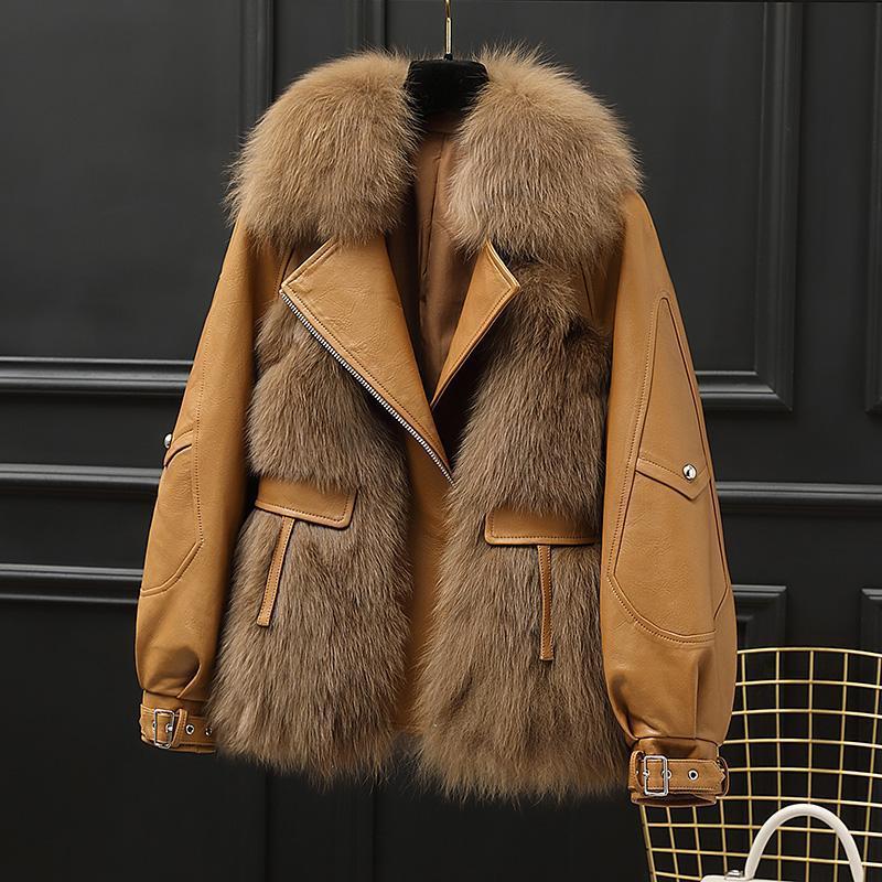 Faux Fox Fur Leather Jacket - Harajuku Style