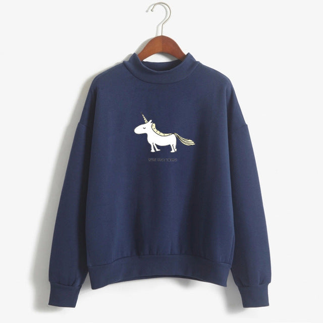 Kawaii Unicorn Print Fleece Turtleneck Hoodie