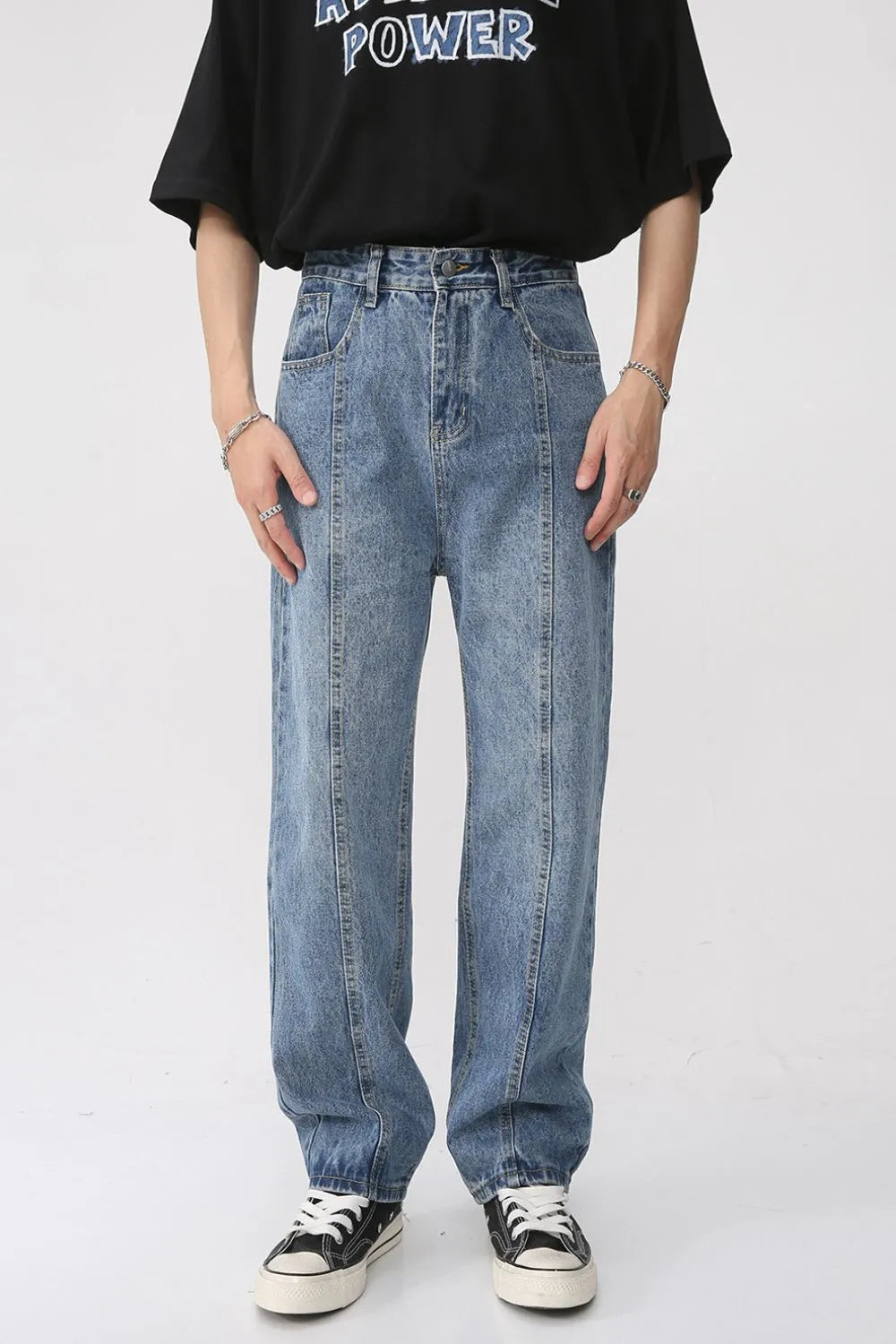 Men's Harajuku Washed Splicing Straight Leg Jeans