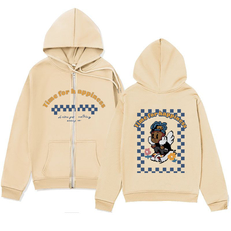Playful Melancholic Child Print Zip-Up Hoodie