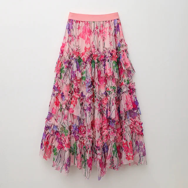 Playful Floral A-Line Skirt with Lace for Women