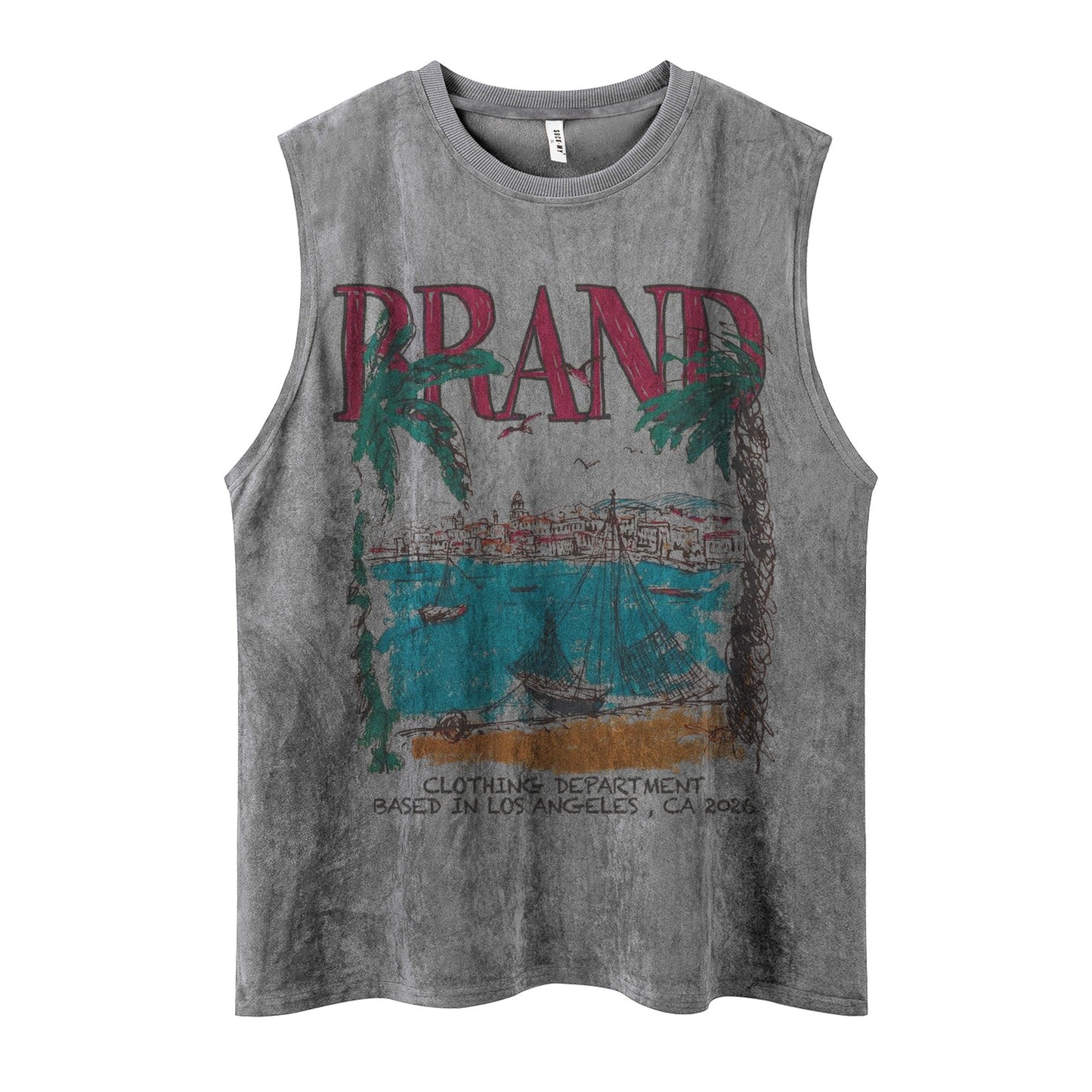 Coastal Graffiti Printed Vest — Loose-Fit Retro Cotton Blend (Pink, Apricot, Grey)