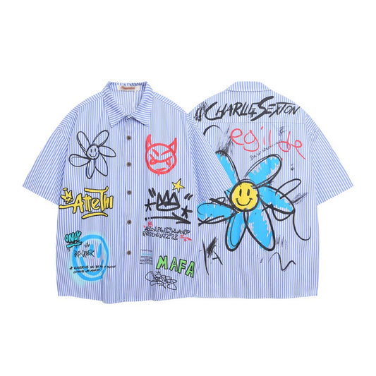 Hip Hop Street Heavy-Duty Graffiti Striped Shirt