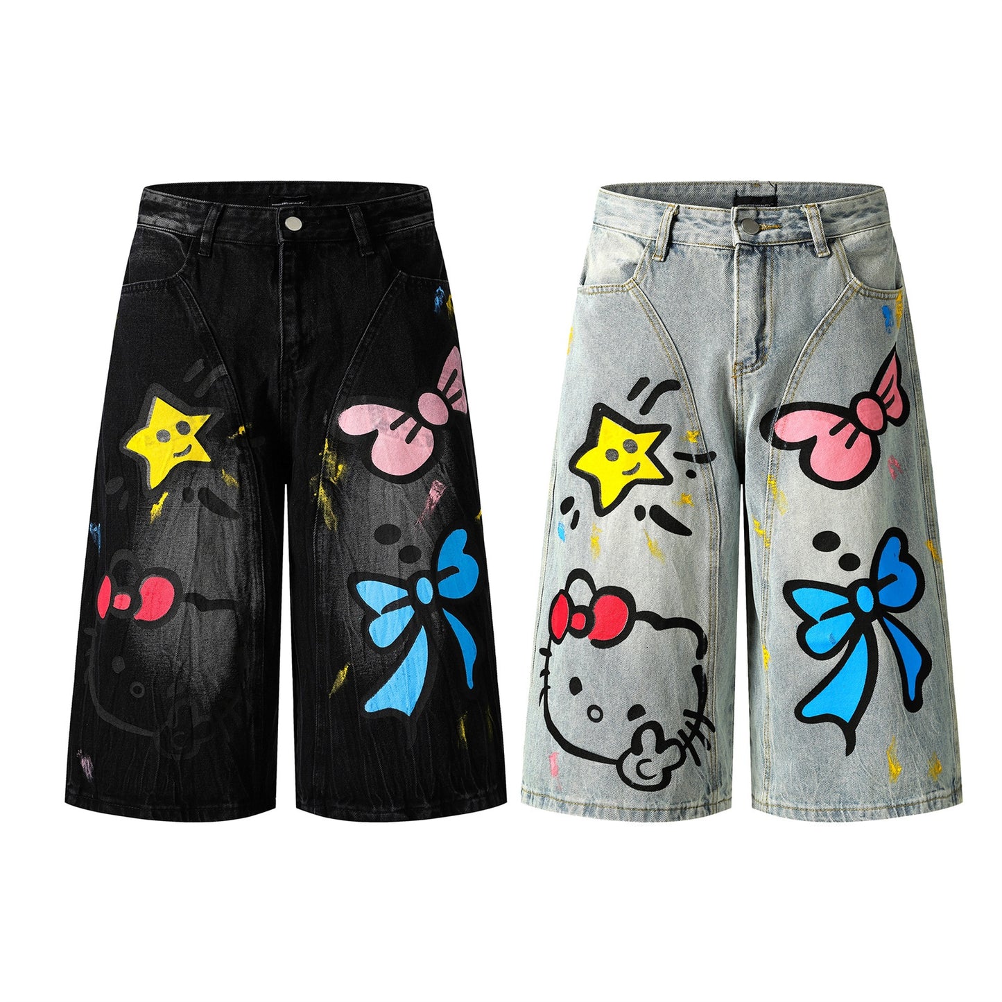 Fun Hand-Painted TK Cat Denim Pants