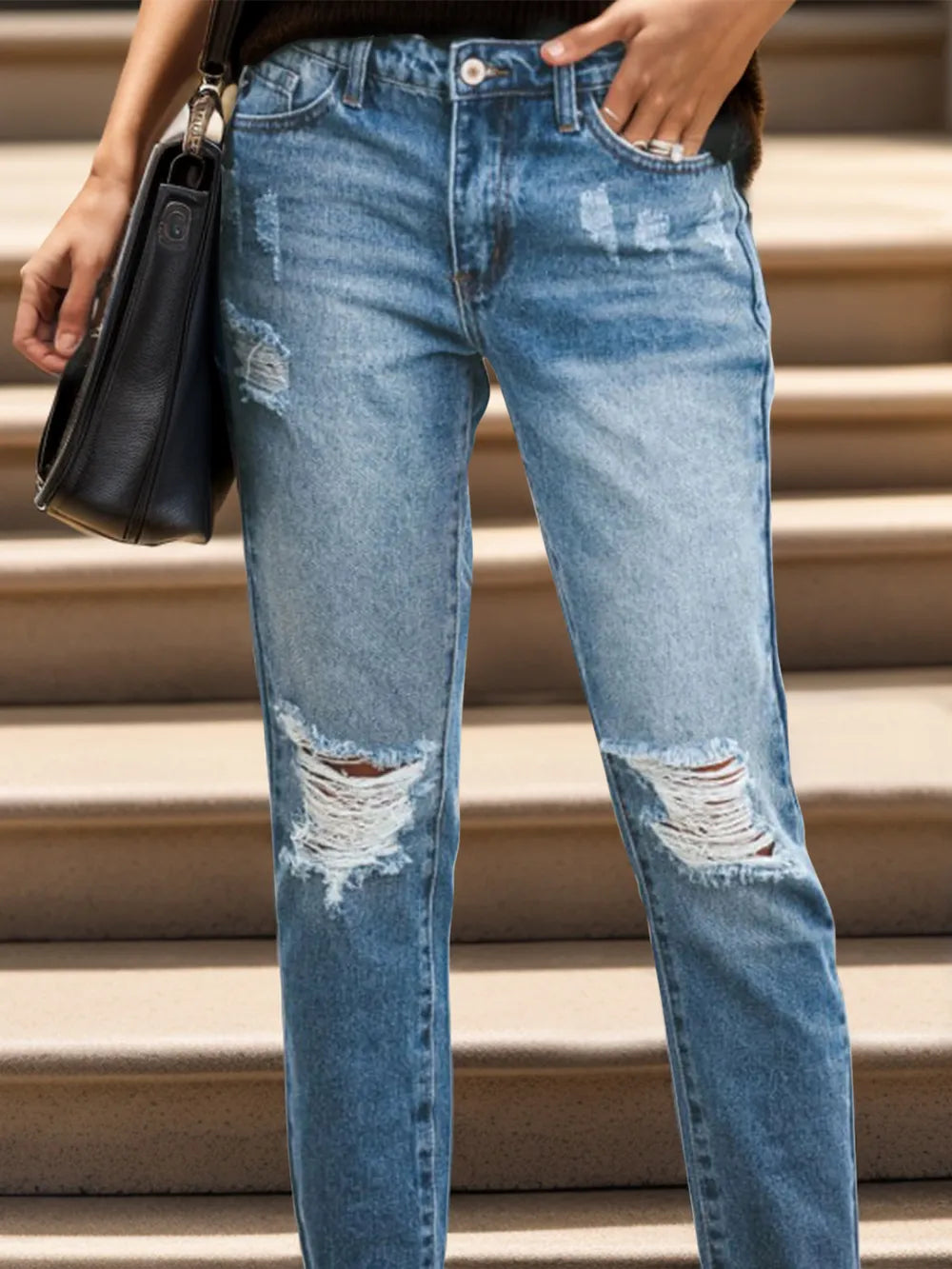 Distressed Raw Hem Jeans with Pockets - Harajuku Style